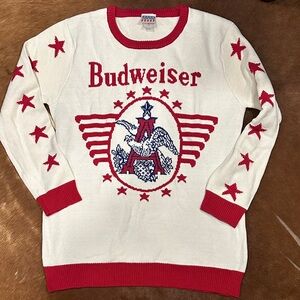 Budweiser Women's Cream and Red Crewneck Sweater